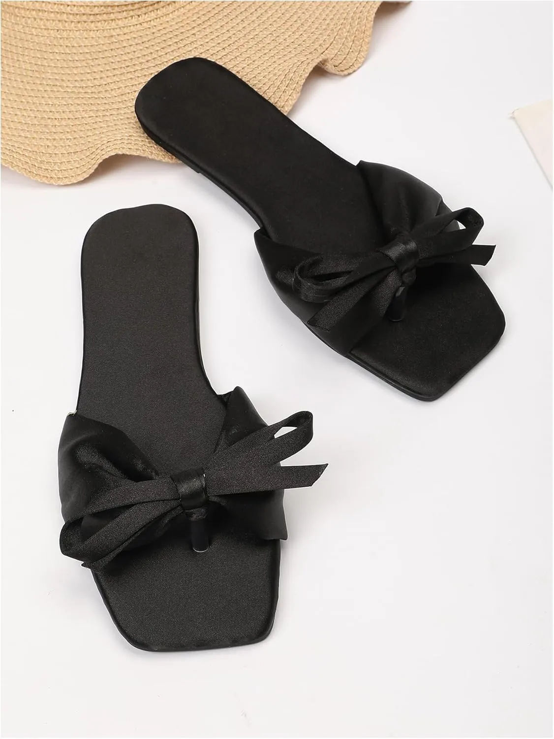 Verdusa Women's Summer Flat Sandals Square Toe Coquette Bow Sandals Slip on Slippers