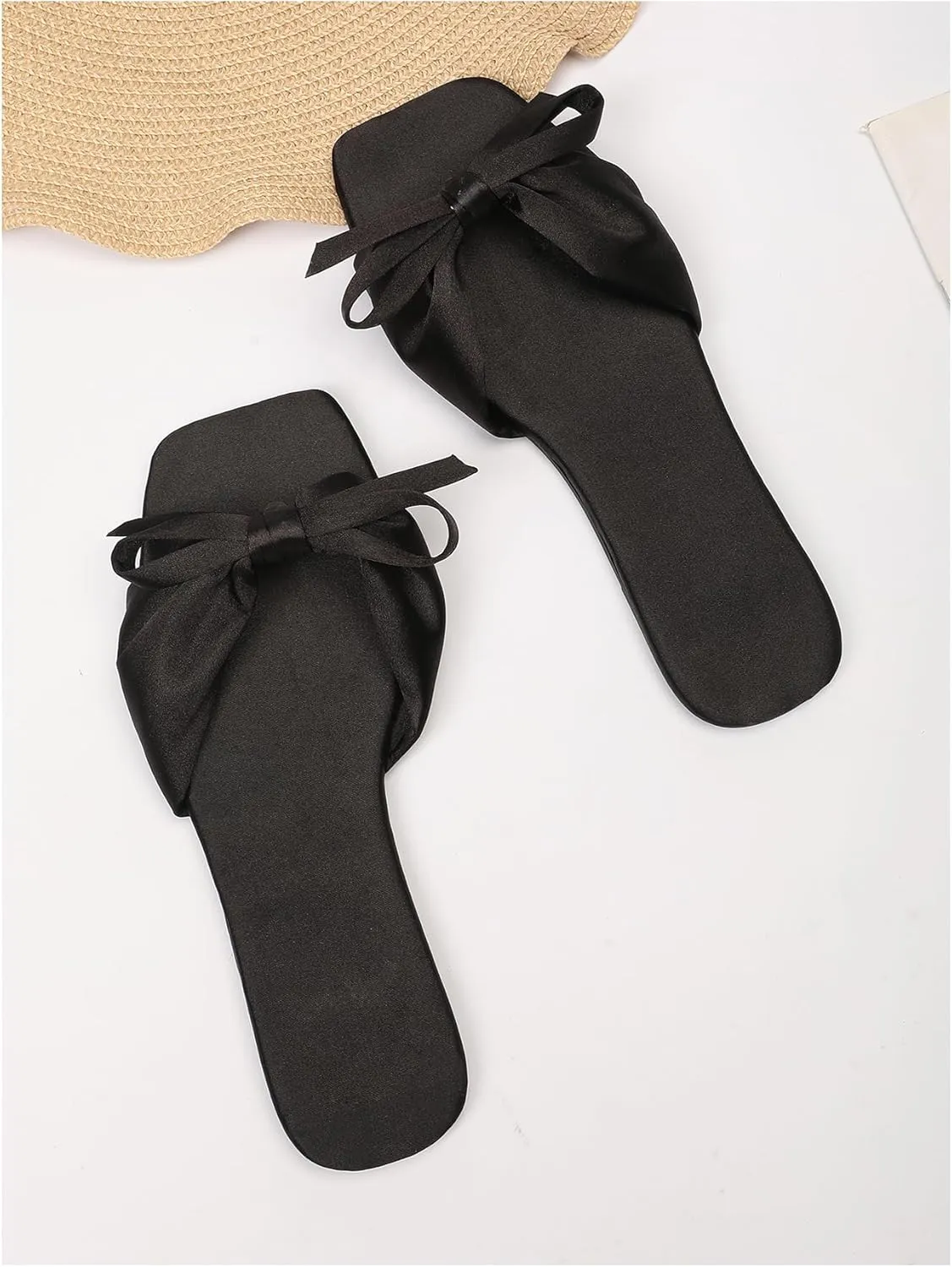 Verdusa Women's Summer Flat Sandals Square Toe Coquette Bow Sandals Slip on Slippers