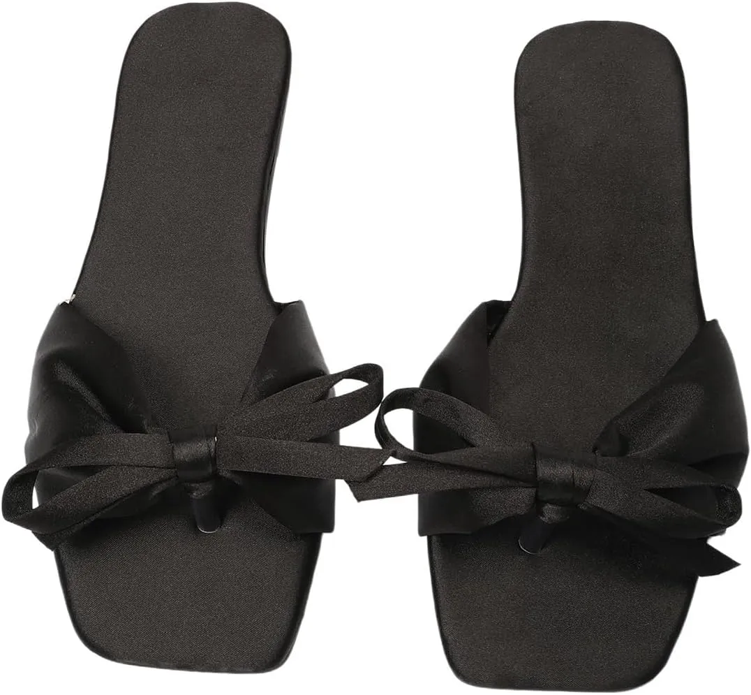 Verdusa Women's Summer Flat Sandals Square Toe Coquette Bow Sandals Slip on Slippers
