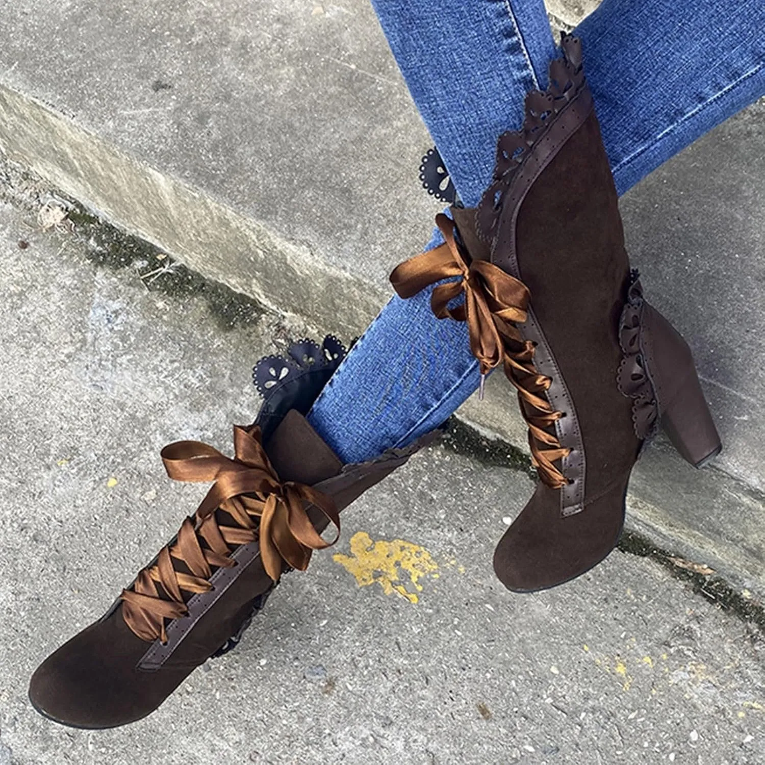 Victorian Boots for Women Casual Lace Up Renaissance Boots Mid Heels Vintage Boots Retro Halloween Cosplay Witch Shoes