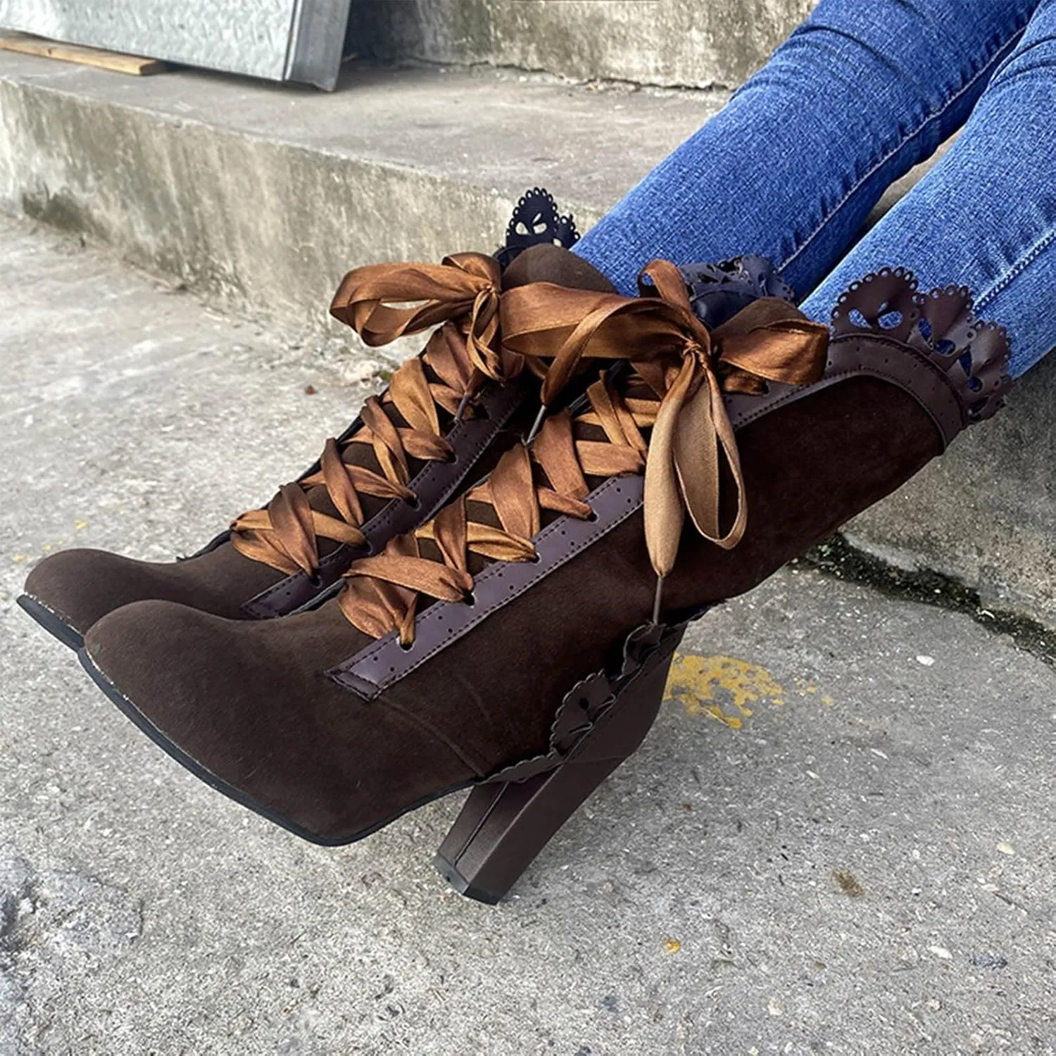 Victorian Boots for Women Casual Lace Up Renaissance Boots Mid Heels Vintage Boots Retro Halloween Cosplay Witch Shoes