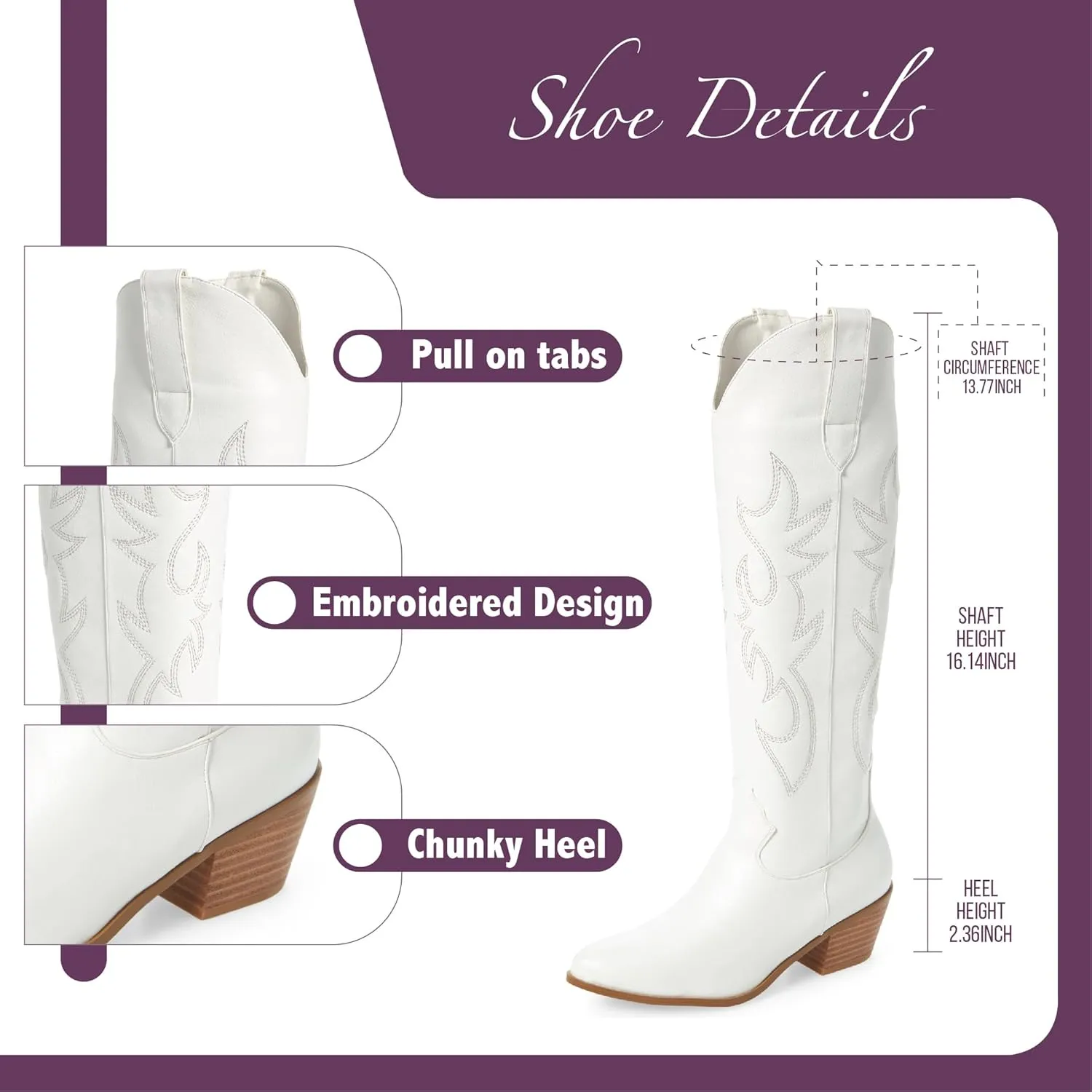 VIMISAOI Cowboy Boots for Women - Knee High, Pointed Toe, Wide Calf Western White Cowgirl Tall Boots