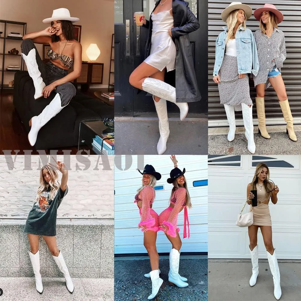 VIMISAOI Cowboy Boots for Women - Knee High, Pointed Toe, Wide Calf Western White Cowgirl Tall Boots