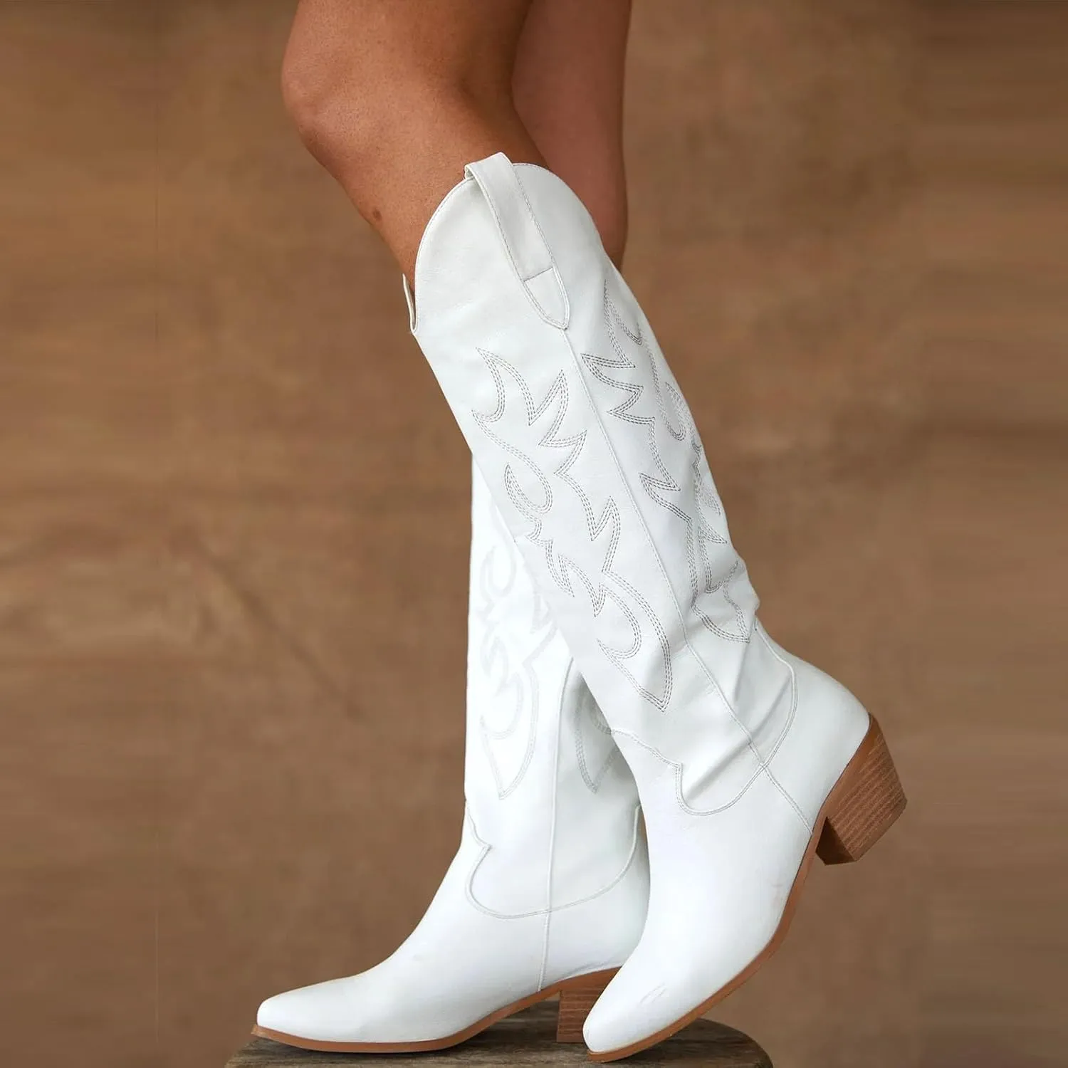 VIMISAOI Cowboy Boots for Women - Knee High, Pointed Toe, Wide Calf Western White Cowgirl Tall Boots