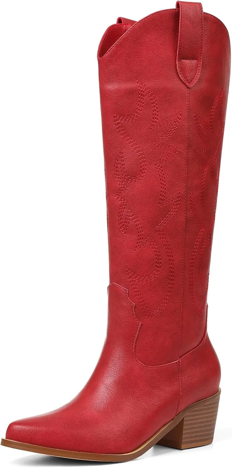 VIMISAOI Cowboy Boots for Women - Knee High, Pointed Toe, Wide Calf Western White Cowgirl Tall Boots