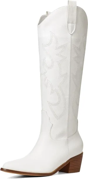 VIMISAOI Cowboy Boots for Women - Knee High, Pointed Toe, Wide Calf Western White Cowgirl Tall Boots