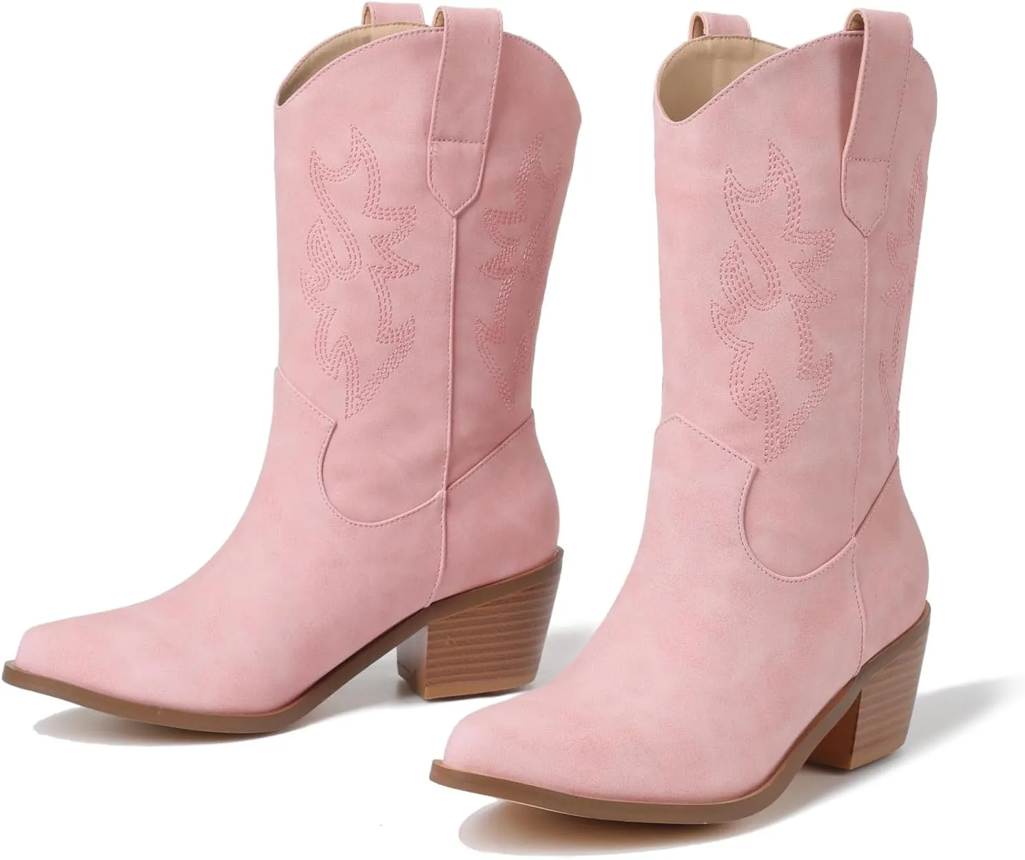 VIMISAOI Womens Cowboy Boots Comfortable Retro Pull On Pointed Toe Wide Calf Long Tall Block Chunky Heel Embroidered Western Cowgirl Mid Calf Boots