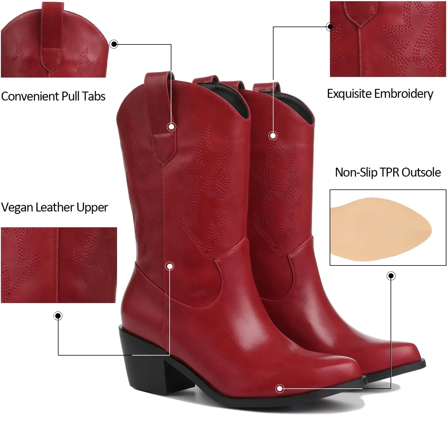 VIMISAOI Womens Cowboy Boots Comfortable Retro Pull On Pointed Toe Wide Calf Long Tall Block Chunky Heel Embroidered Western Cowgirl Mid Calf Boots