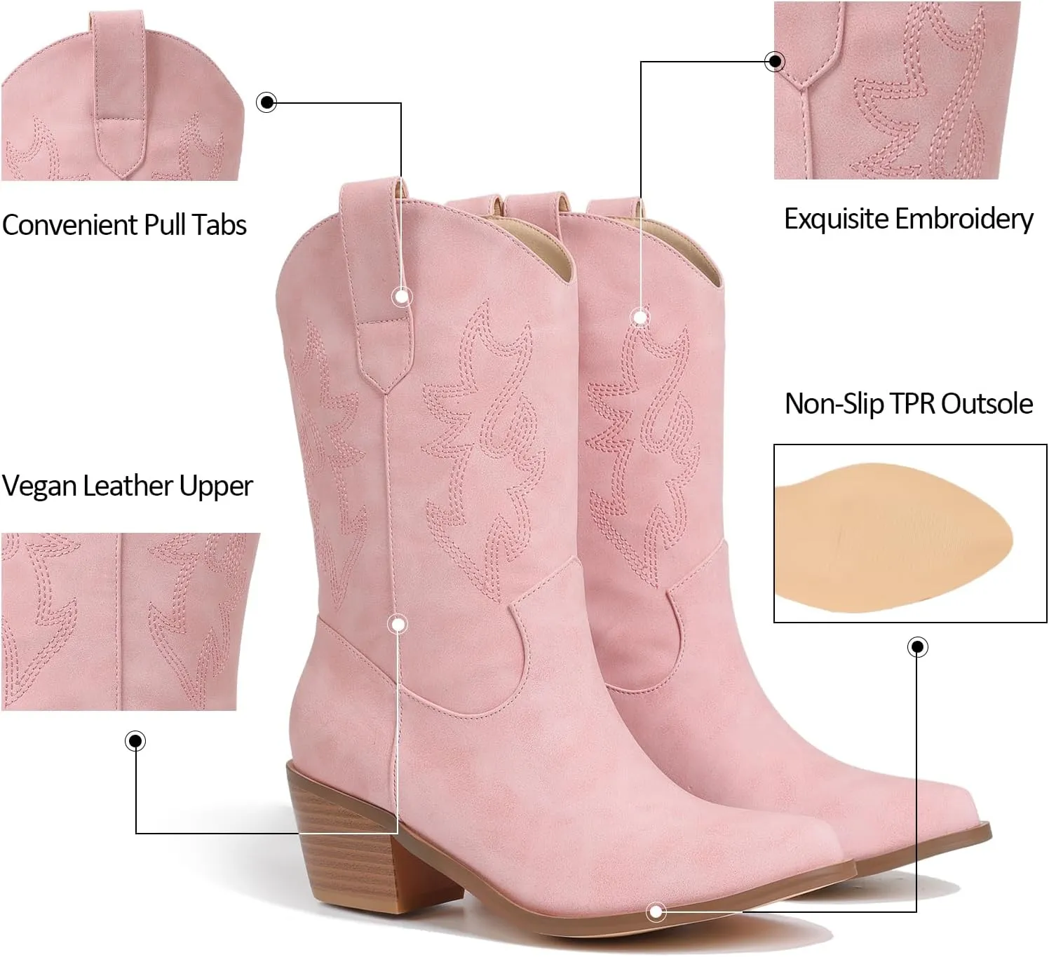 VIMISAOI Womens Cowboy Boots Comfortable Retro Pull On Pointed Toe Wide Calf Long Tall Block Chunky Heel Embroidered Western Cowgirl Mid Calf Boots