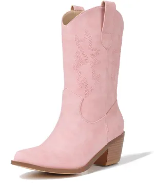 VIMISAOI Womens Cowboy Boots Comfortable Retro Pull On Pointed Toe Wide Calf Long Tall Block Chunky Heel Embroidered Western Cowgirl Mid Calf Boots
