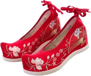 Vintage Chinese Style Women Flock Cotton Fabric Pointy Hanfu Shoes Hidden Platforms Elegant Embroidered Sneakers