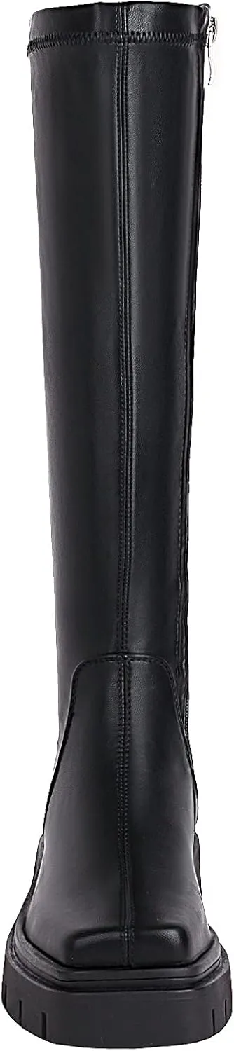 vivianly Women's Chunky Heel Knee high Boots Zipper Square Toe Platform Booties