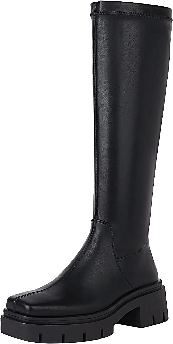 vivianly Women's Chunky Heel Knee high Boots Zipper Square Toe Platform Booties