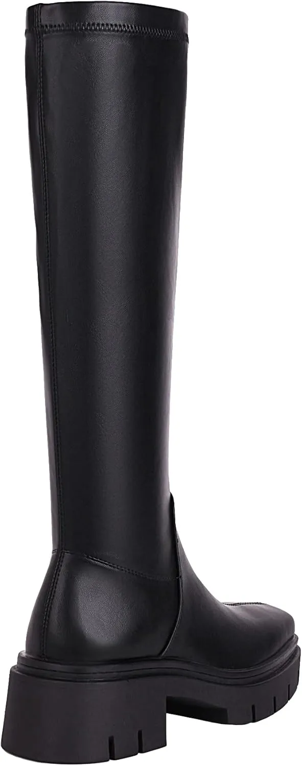 vivianly Women's Chunky Heel Knee high Boots Zipper Square Toe Platform Booties
