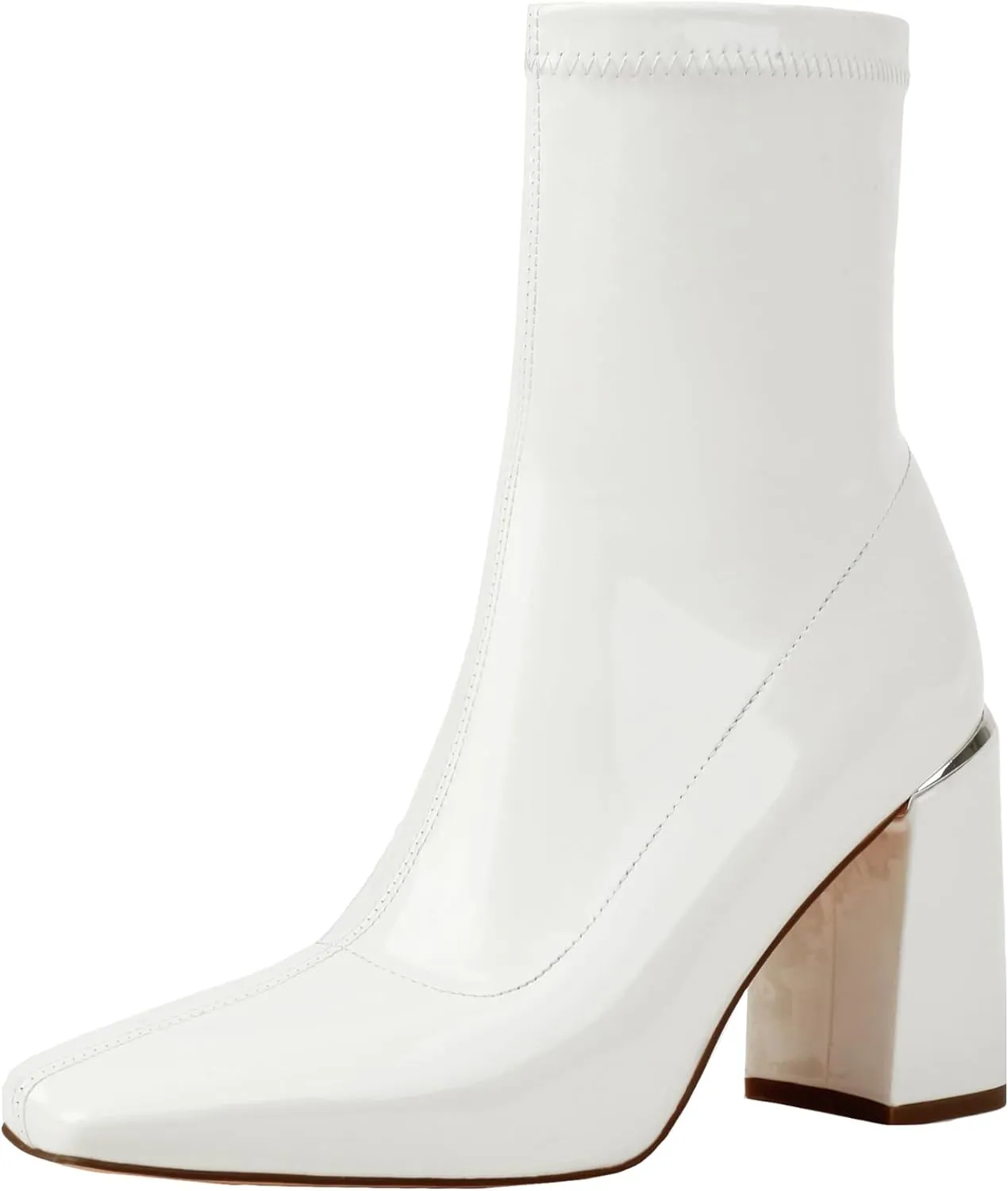 vivianly Womens Square Toe Ankle Booties Chunky Heel Boots Side Zipper Patent Leather Mid-Calf Boots