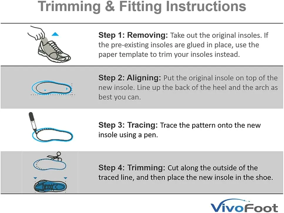 VivoFoot 2 Pair Memory Foam Insoles, Cloud Sole Pads, Anti-Fatigue Pain Relief Everyday Work Sport Running Comfort Shoe Insert, Cushion Replacement Filler, Trim to Fit for Men Women (US M 7-11, Grey)