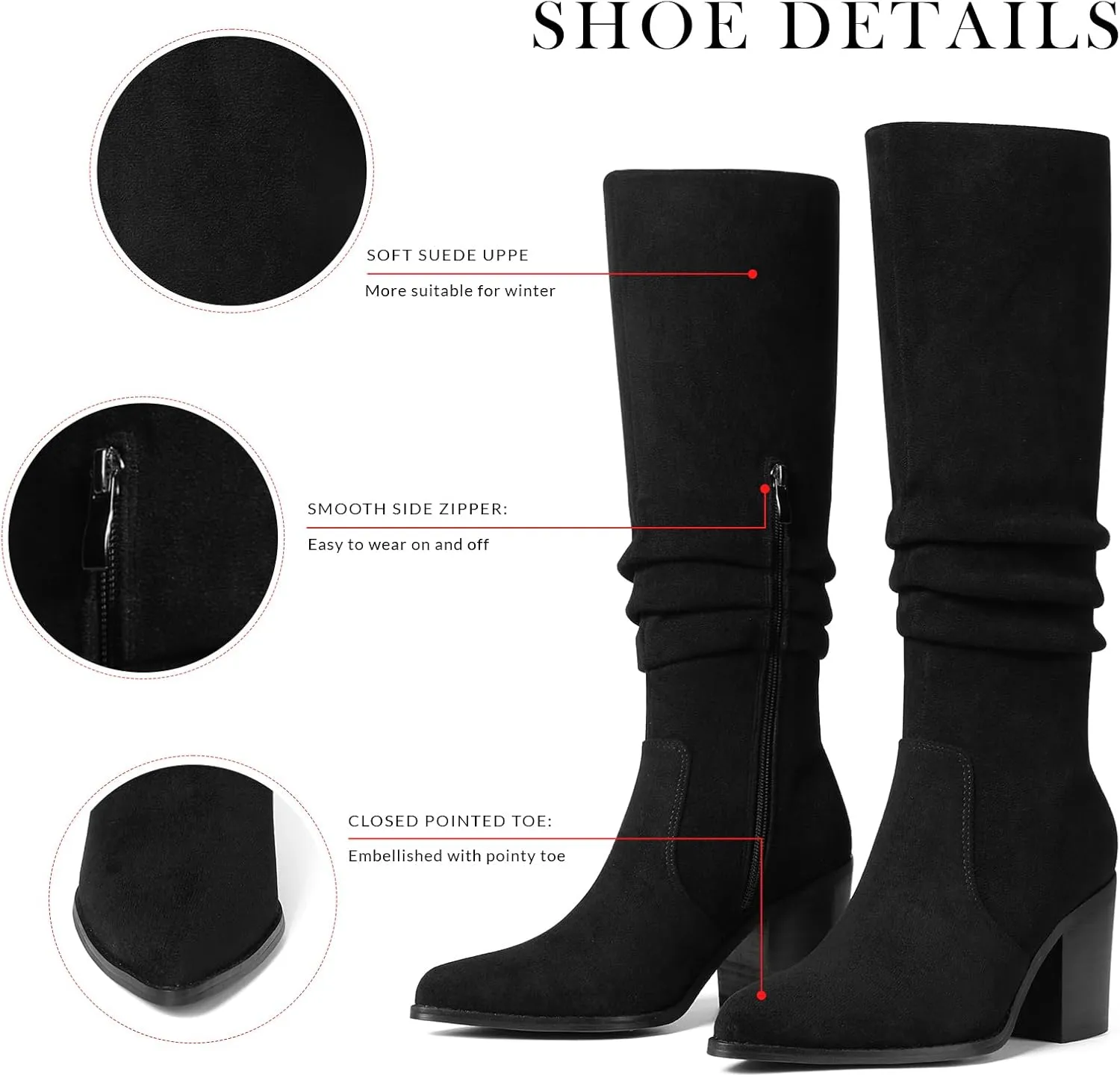 VOMIRA Knee High Boots Women Suede Boots Pointy Toe Chunky Block Heels Side Zipper Wide Calf Boots Fashion Dress Tall Boots Fall Winter Long Boots
