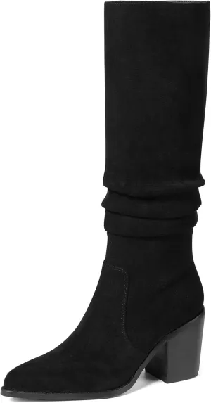 VOMIRA Knee High Boots Women Suede Boots Pointy Toe Chunky Block Heels Side Zipper Wide Calf Boots Fashion Dress Tall Boots Fall Winter Long Boots