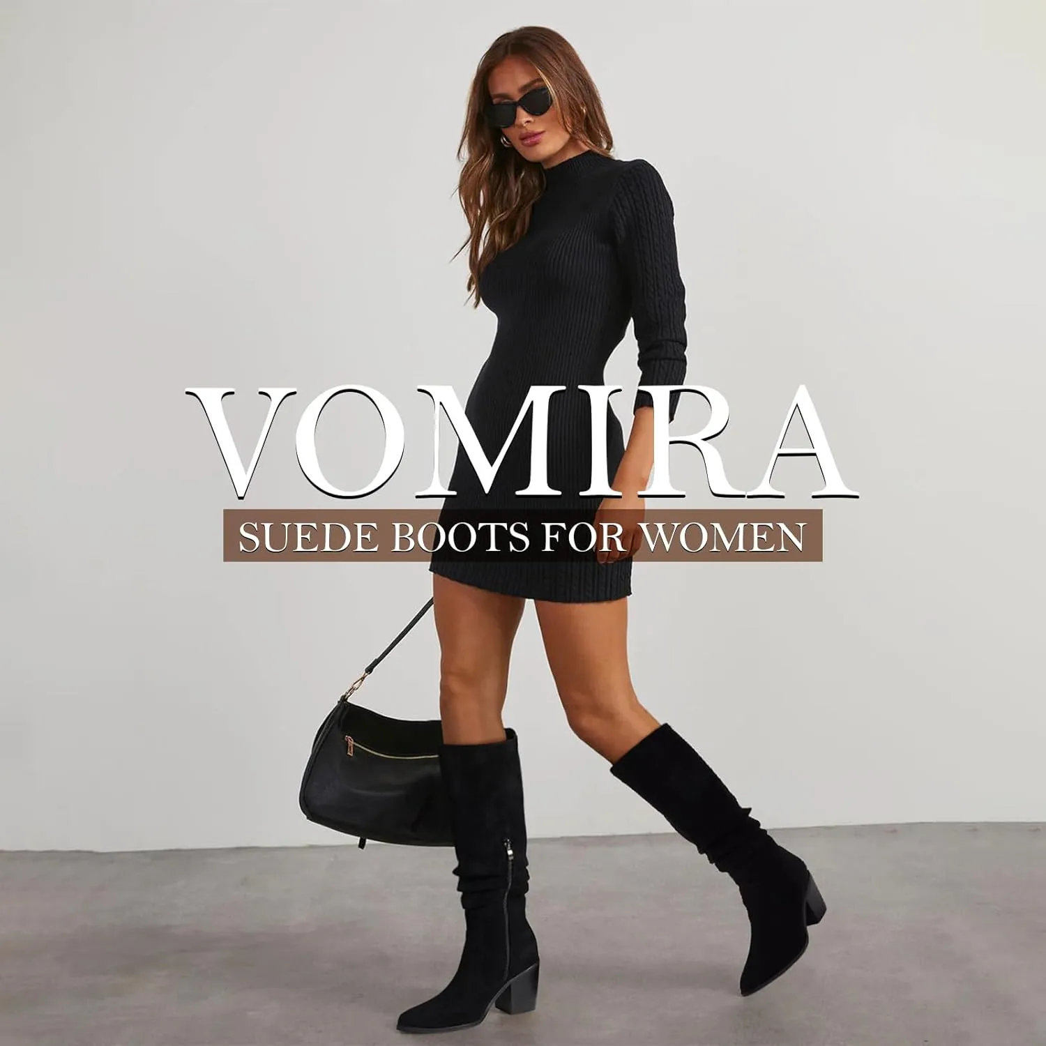 VOMIRA Knee High Boots Women Suede Boots Pointy Toe Chunky Block Heels Side Zipper Wide Calf Boots Fashion Dress Tall Boots Fall Winter Long Boots