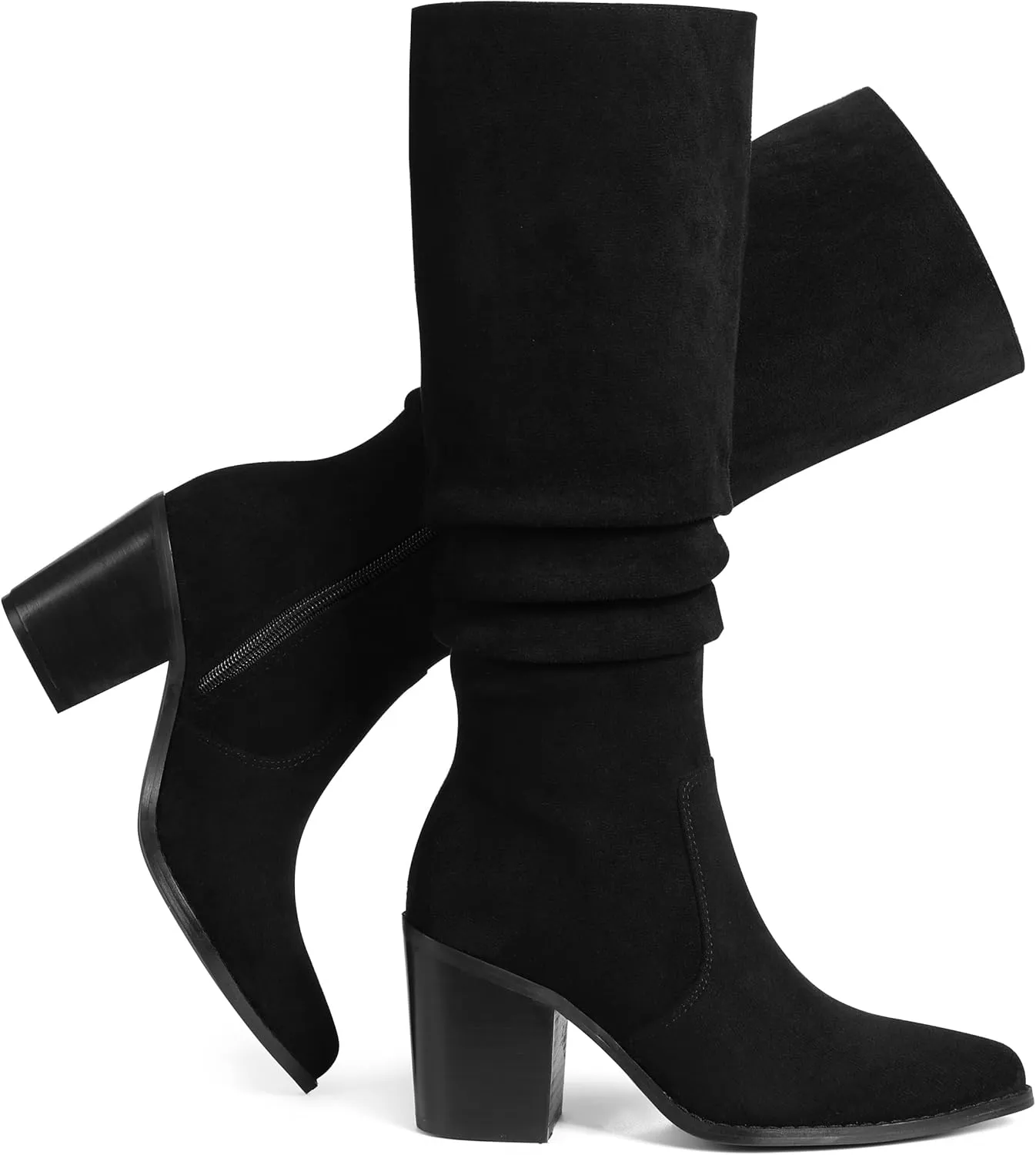 VOMIRA Knee High Boots Women Suede Boots Pointy Toe Chunky Block Heels Side Zipper Wide Calf Boots Fashion Dress Tall Boots Fall Winter Long Boots