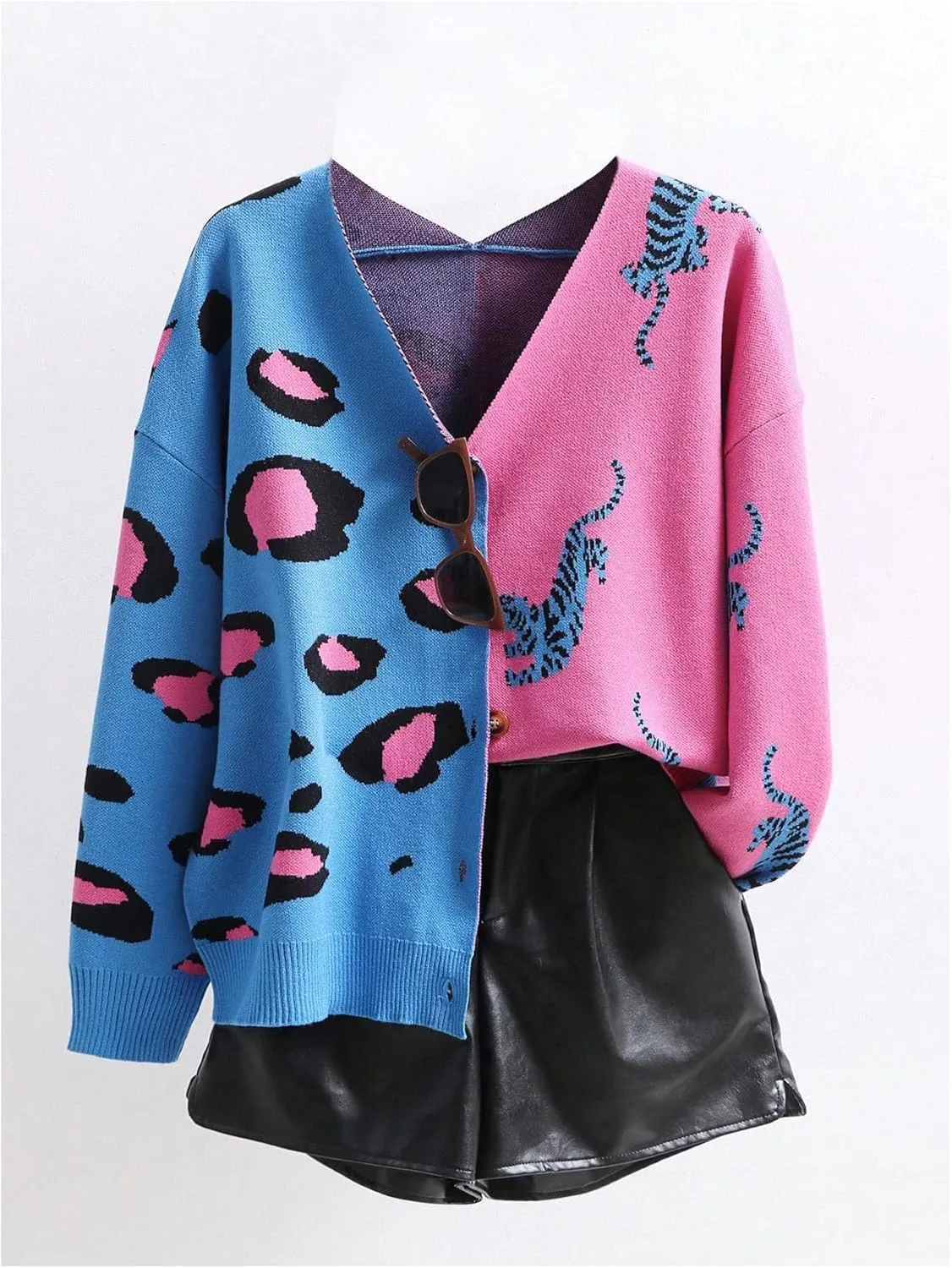 WDIRARA Women's Leopard Tiger Print Cardigan V Neck Long Sleeve Color Block Button Down Sweater Outwear