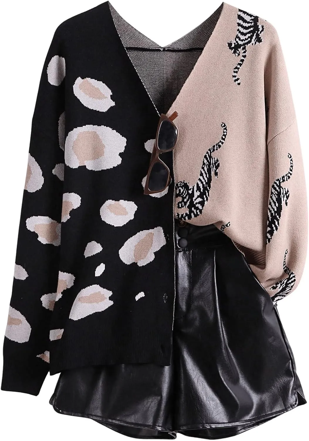 WDIRARA Women's Leopard Tiger Print Cardigan V Neck Long Sleeve Color Block Button Down Sweater Outwear