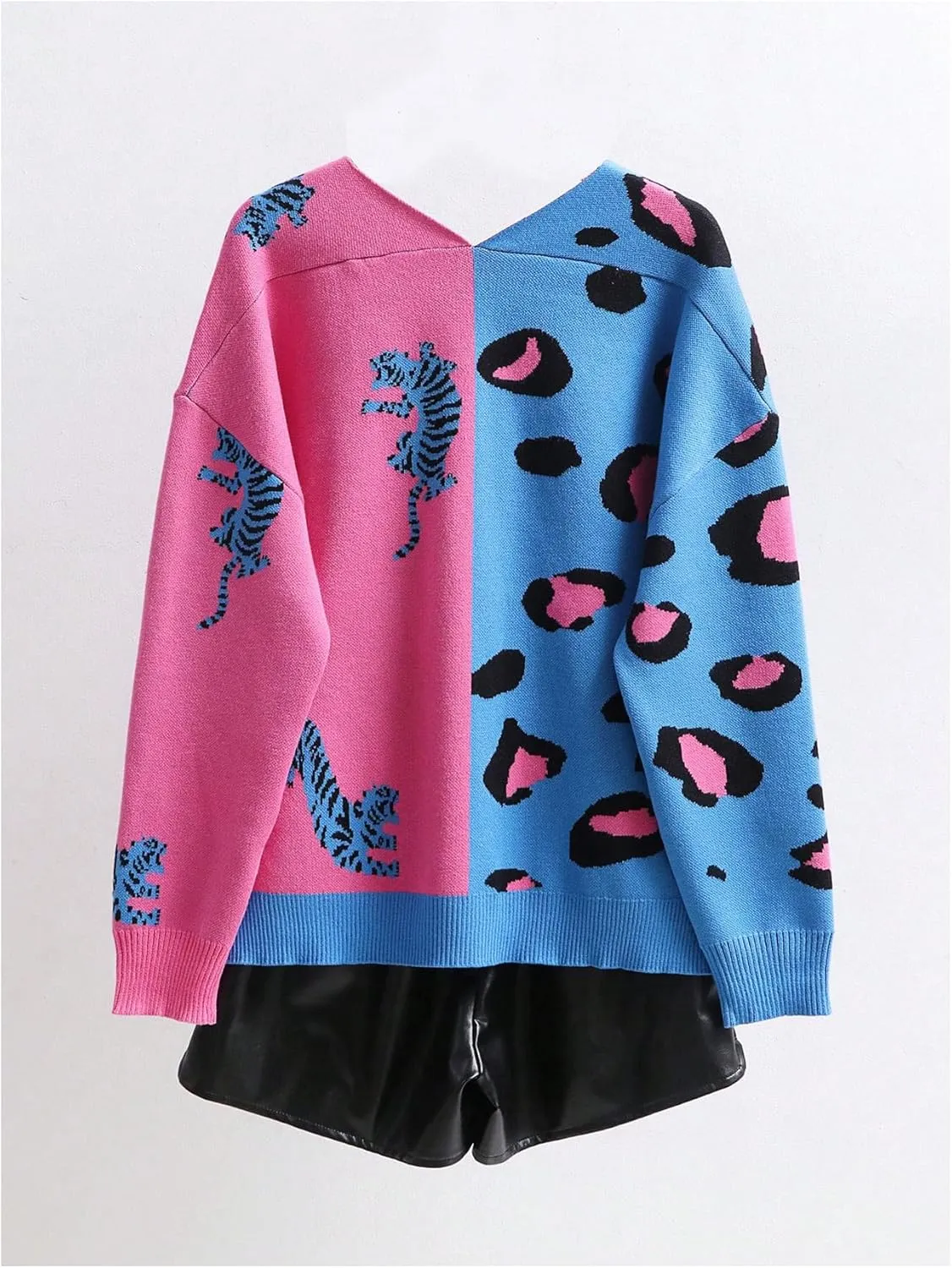 WDIRARA Women's Leopard Tiger Print Cardigan V Neck Long Sleeve Color Block Button Down Sweater Outwear