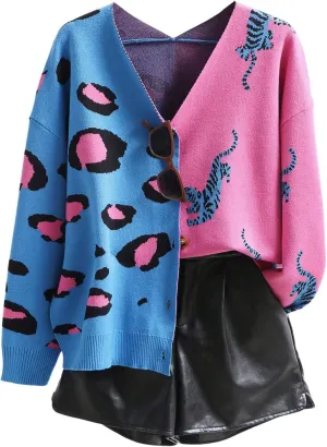 WDIRARA Women's Leopard Tiger Print Cardigan V Neck Long Sleeve Color Block Button Down Sweater Outwear