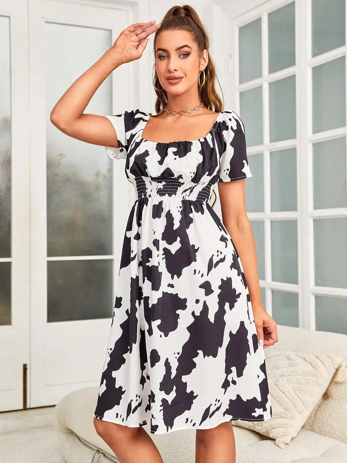 WDIRARA Women's Square Neck Cow Print Smocked Short Sleeve A Line Flowy Dress