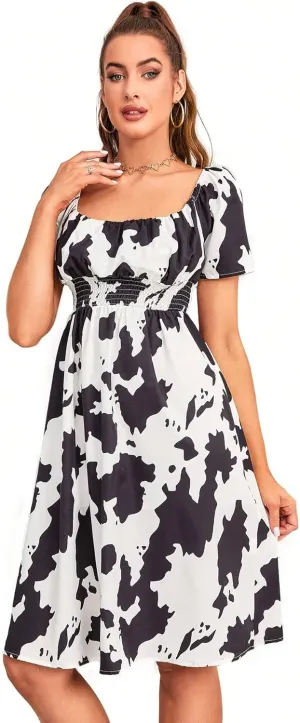 WDIRARA Women's Square Neck Cow Print Smocked Short Sleeve A Line Flowy Dress