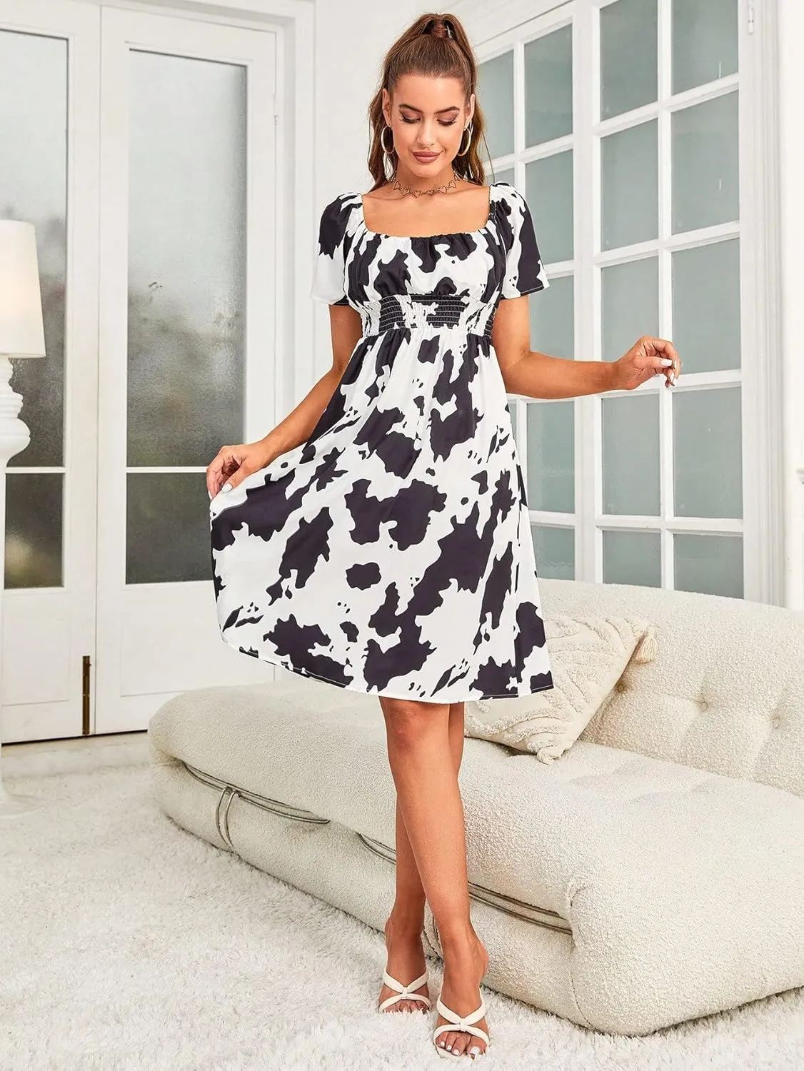 WDIRARA Women's Square Neck Cow Print Smocked Short Sleeve A Line Flowy Dress