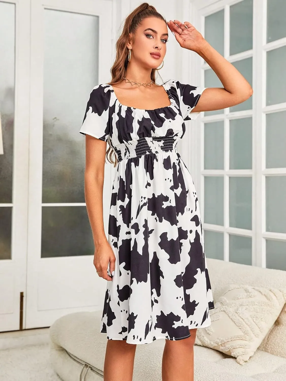 WDIRARA Women's Square Neck Cow Print Smocked Short Sleeve A Line Flowy Dress