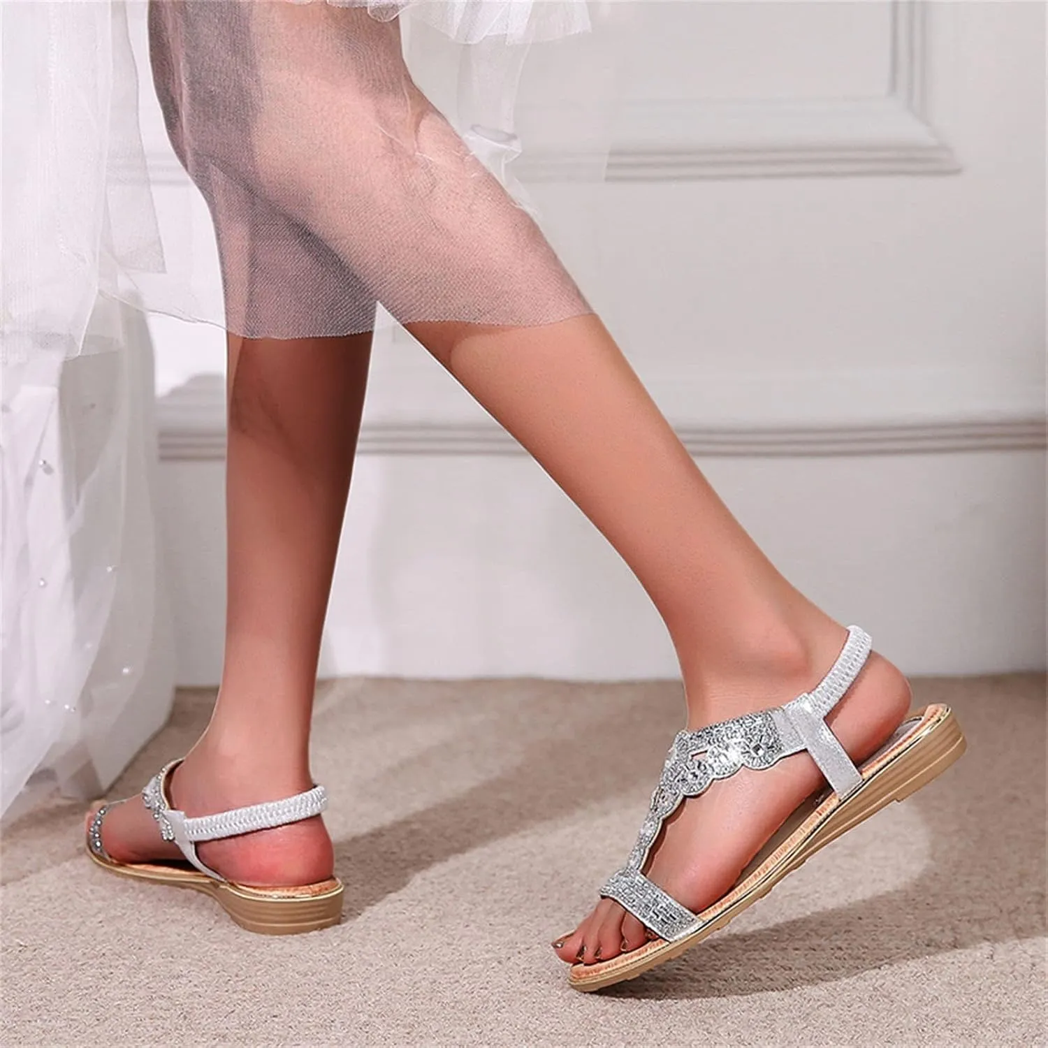 Wedge Sandals for Women 2024 Ladies Summer Fashion Rhinestone Bohemian Slope Heel Hollow Solid Colour Soft Flat Bottom