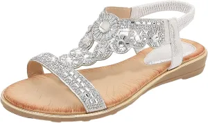 Wedge Sandals for Women 2024 Ladies Summer Fashion Rhinestone Bohemian Slope Heel Hollow Solid Colour Soft Flat Bottom