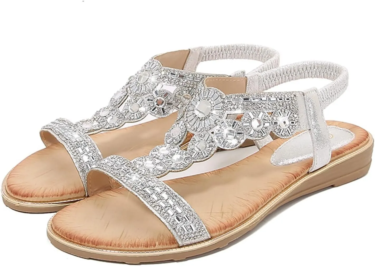 Wedge Sandals for Women 2024 Ladies Summer Fashion Rhinestone Bohemian Slope Heel Hollow Solid Colour Soft Flat Bottom