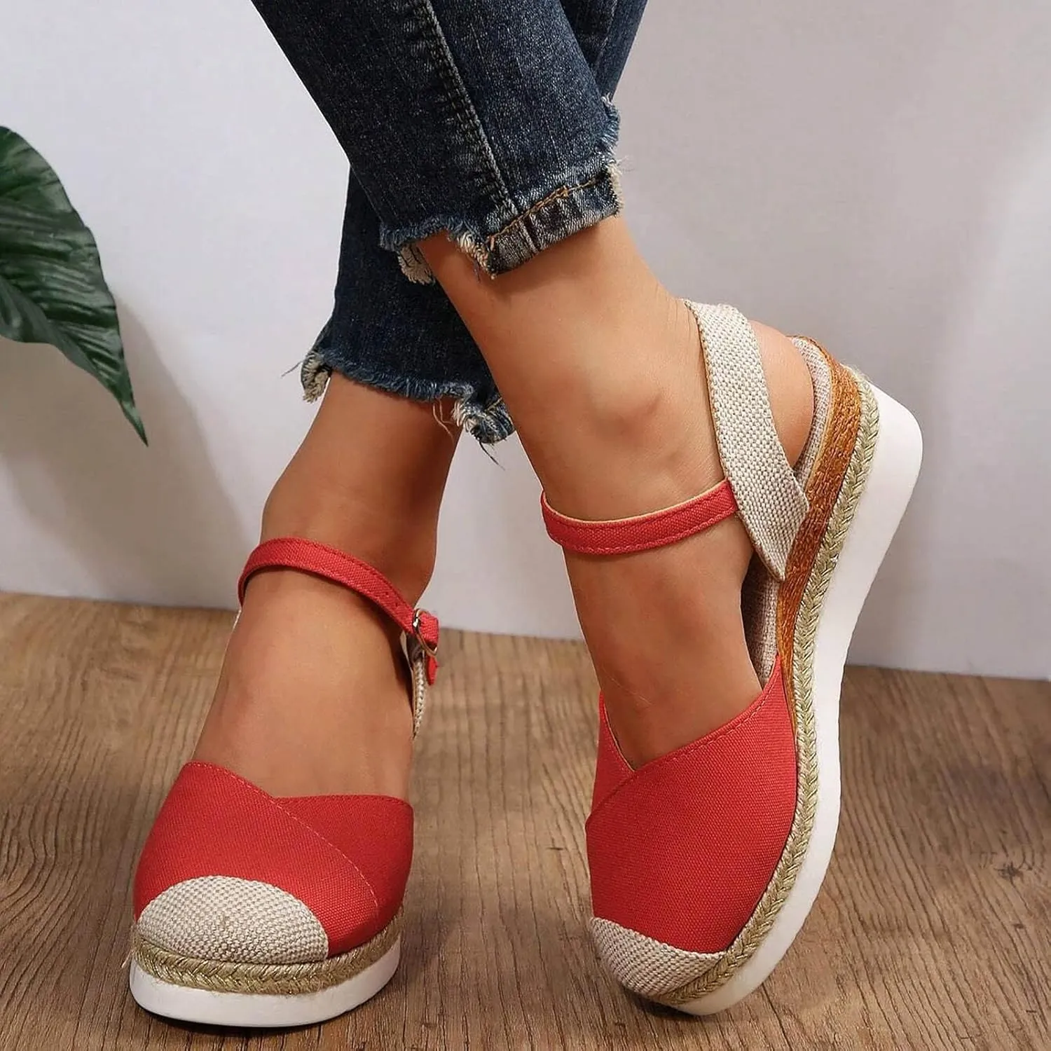 Wedge Sandals for Women 2024 Vacation Slingback Court Wedges For Women Canvas Colorblock Espadrille Wedge Shoes