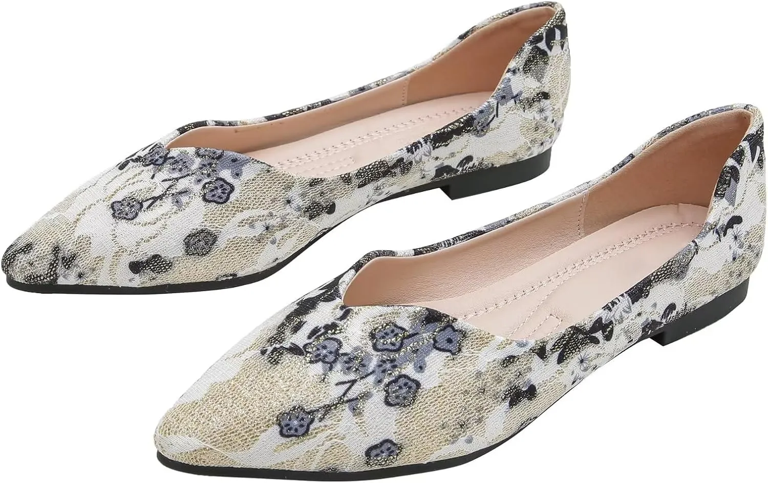 WENJIAZHIZHI Womens Pointed Toe Bow Flats Elegant Floral Print Slip-ons Comfortable Dress Shoes for Party Wedding