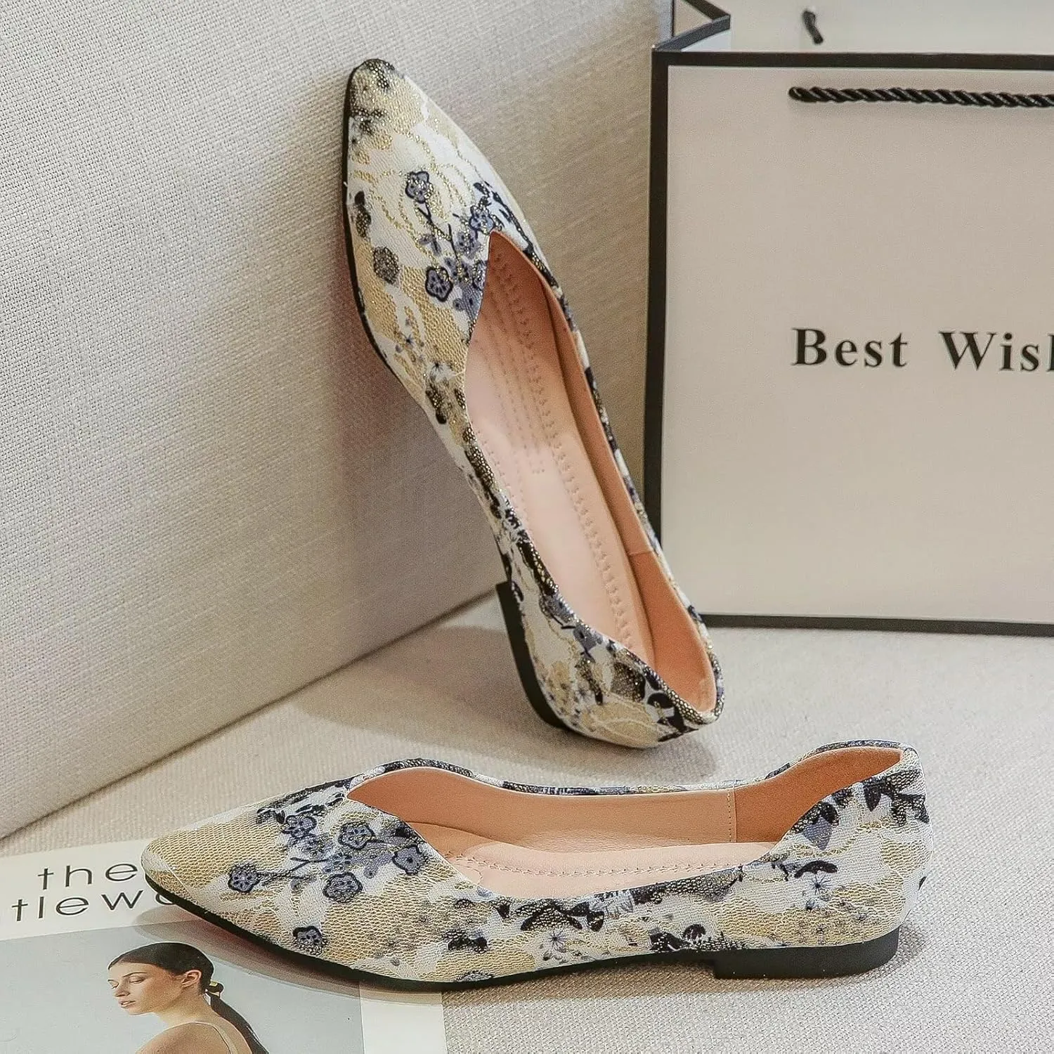 WENJIAZHIZHI Womens Pointed Toe Bow Flats Elegant Floral Print Slip-ons Comfortable Dress Shoes for Party Wedding