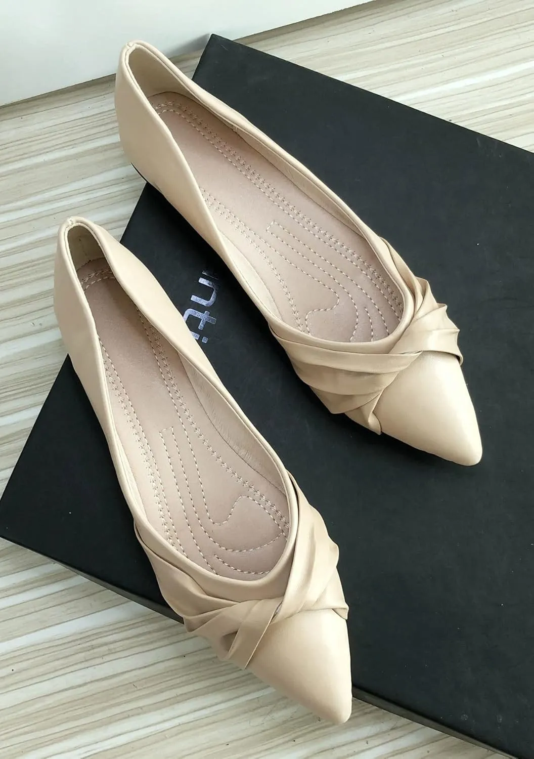 WENJIAZHIZHI Womens Ruched Bow Ballet Flats Comfortable Pointed Toe Slip On Walking Loafers Dress Shoes for Women Dressy Casual