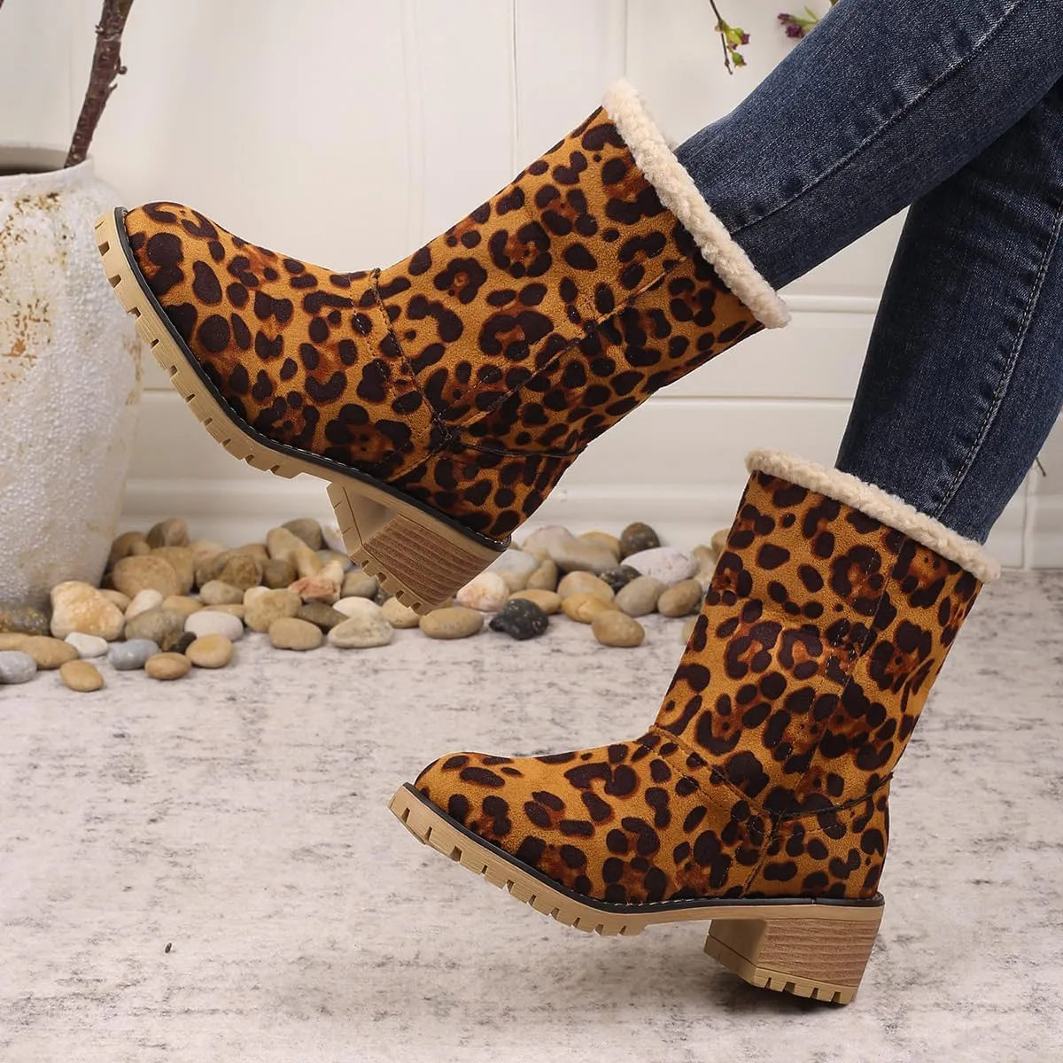 Winter Boots for Women, Comfortable Slip On Mid Chunky Heel Suede Warm Snow Ankle Boots Outdoor Shoes