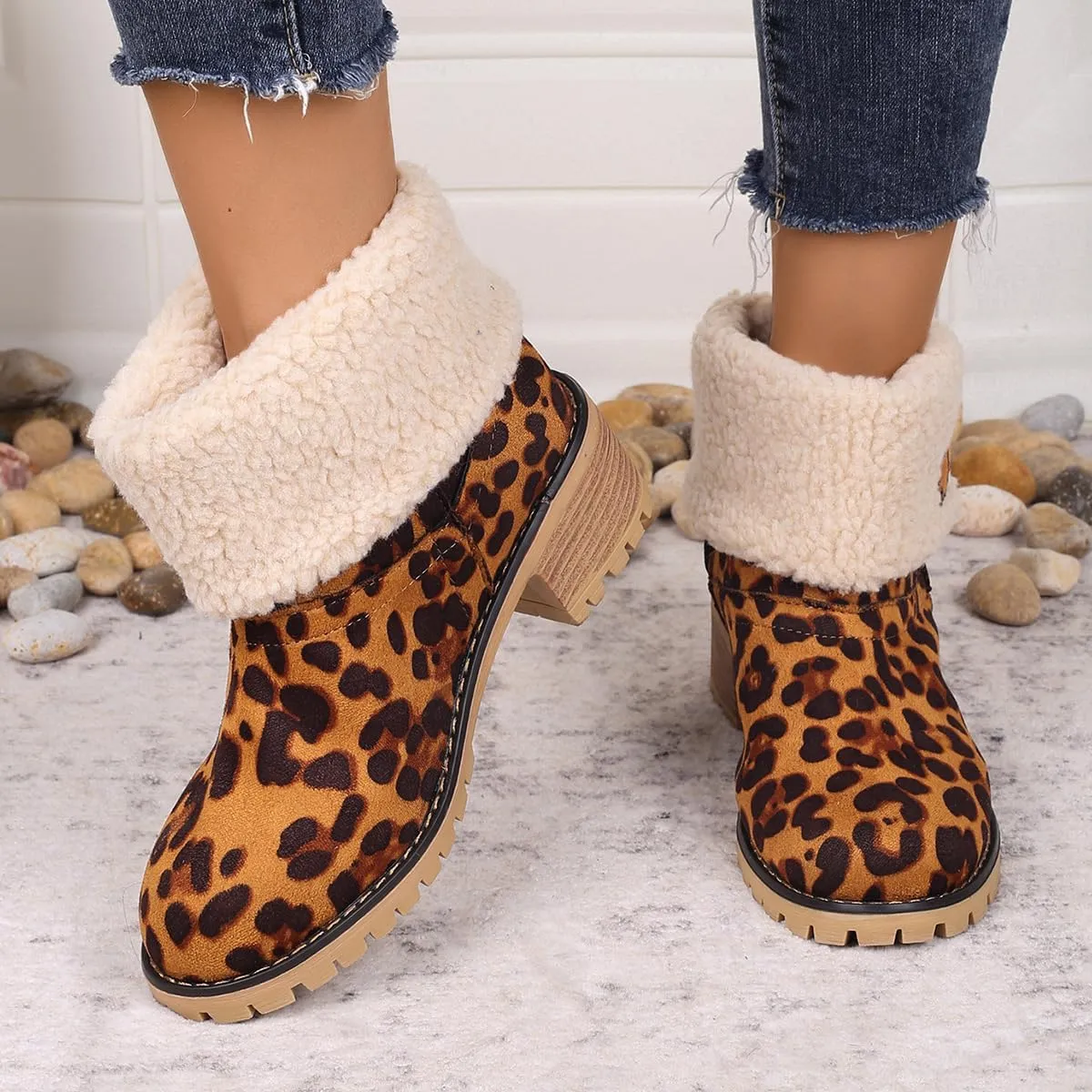 Winter Boots for Women, Comfortable Slip On Mid Chunky Heel Suede Warm Snow Ankle Boots Outdoor Shoes