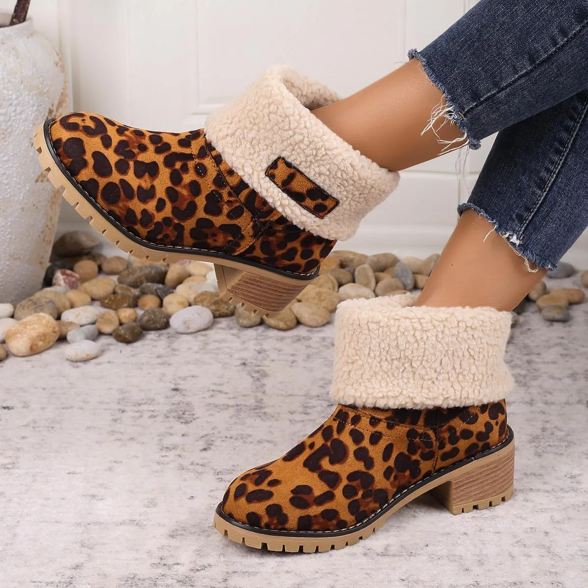 Winter Boots for Women, Comfortable Slip On Mid Chunky Heel Suede Warm Snow Ankle Boots Outdoor Shoes