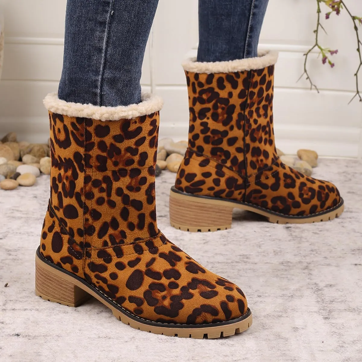 Winter Boots for Women, Comfortable Slip On Mid Chunky Heel Suede Warm Snow Ankle Boots Outdoor Shoes