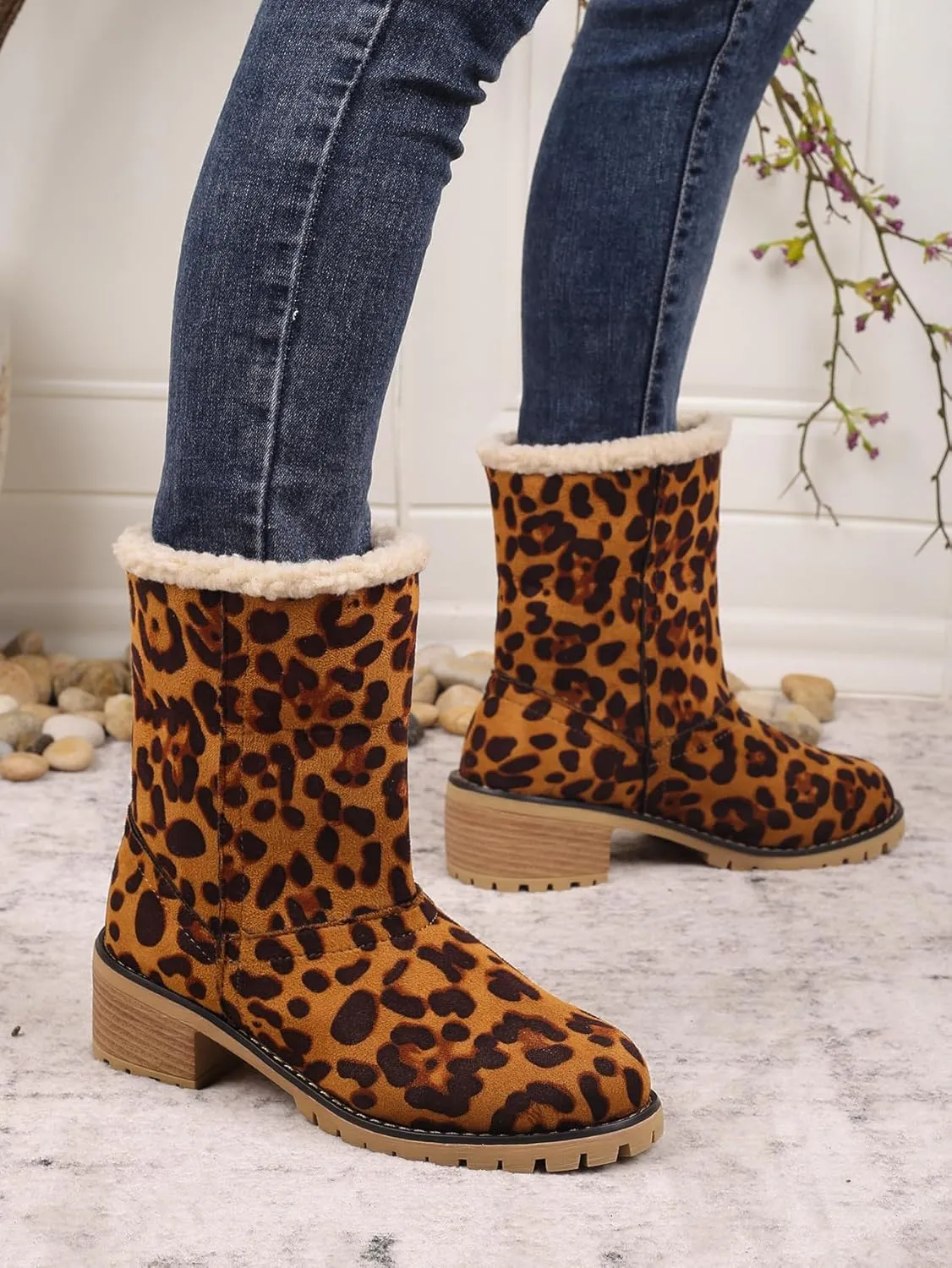 Winter Boots for Women, Comfortable Slip On Mid Chunky Heel Suede Warm Snow Ankle Boots Outdoor Shoes