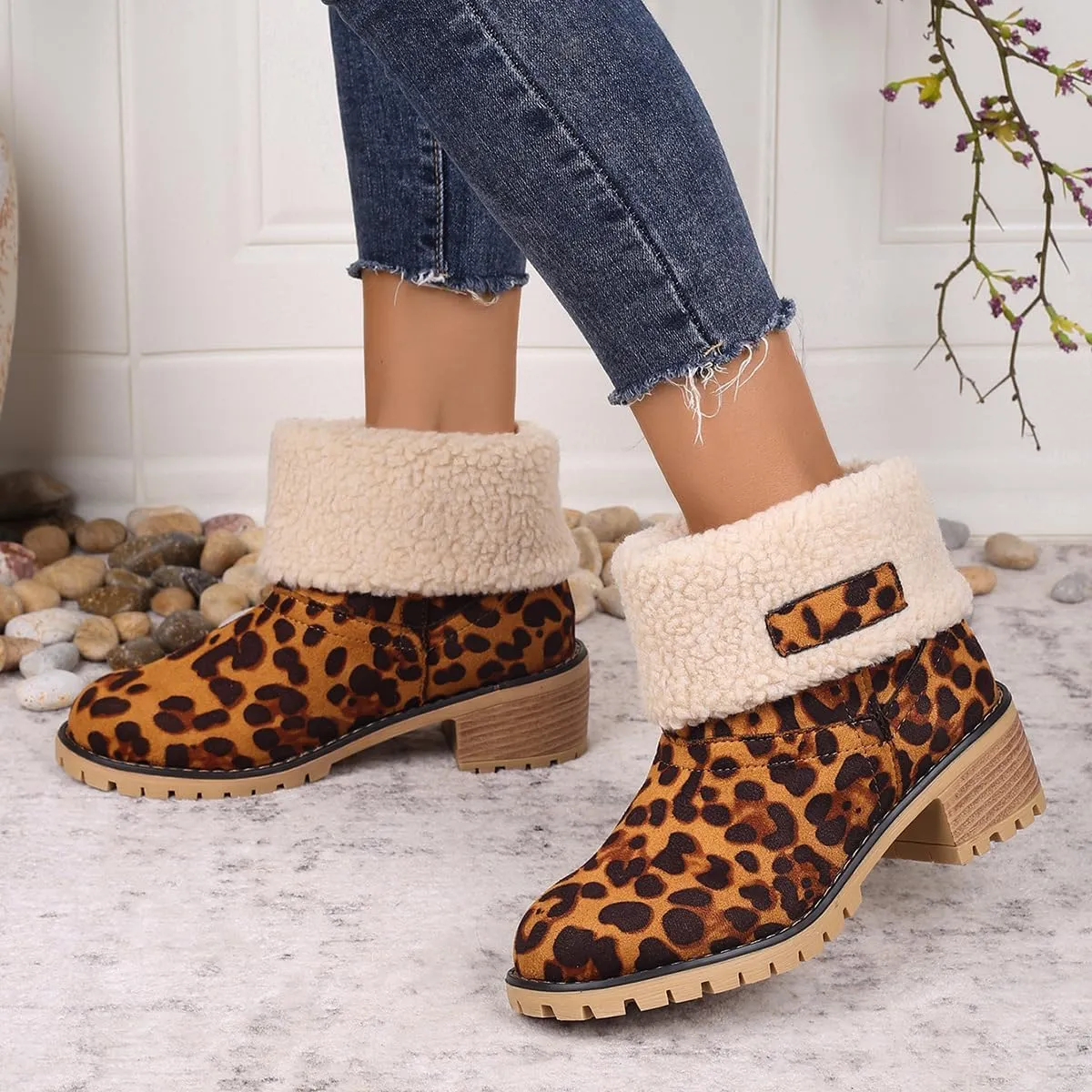 Winter Boots for Women, Comfortable Slip On Mid Chunky Heel Suede Warm Snow Ankle Boots Outdoor Shoes