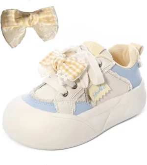 Women & Girls' Dopamine Chunky Sneakers with Bow Charms - Round-Toe Bread Sole Shoes, Retro Y2K Kawaii Design for Back-to-School, Beach Travel & Hiking, Comfy Streetwear, Everyday Minimalist