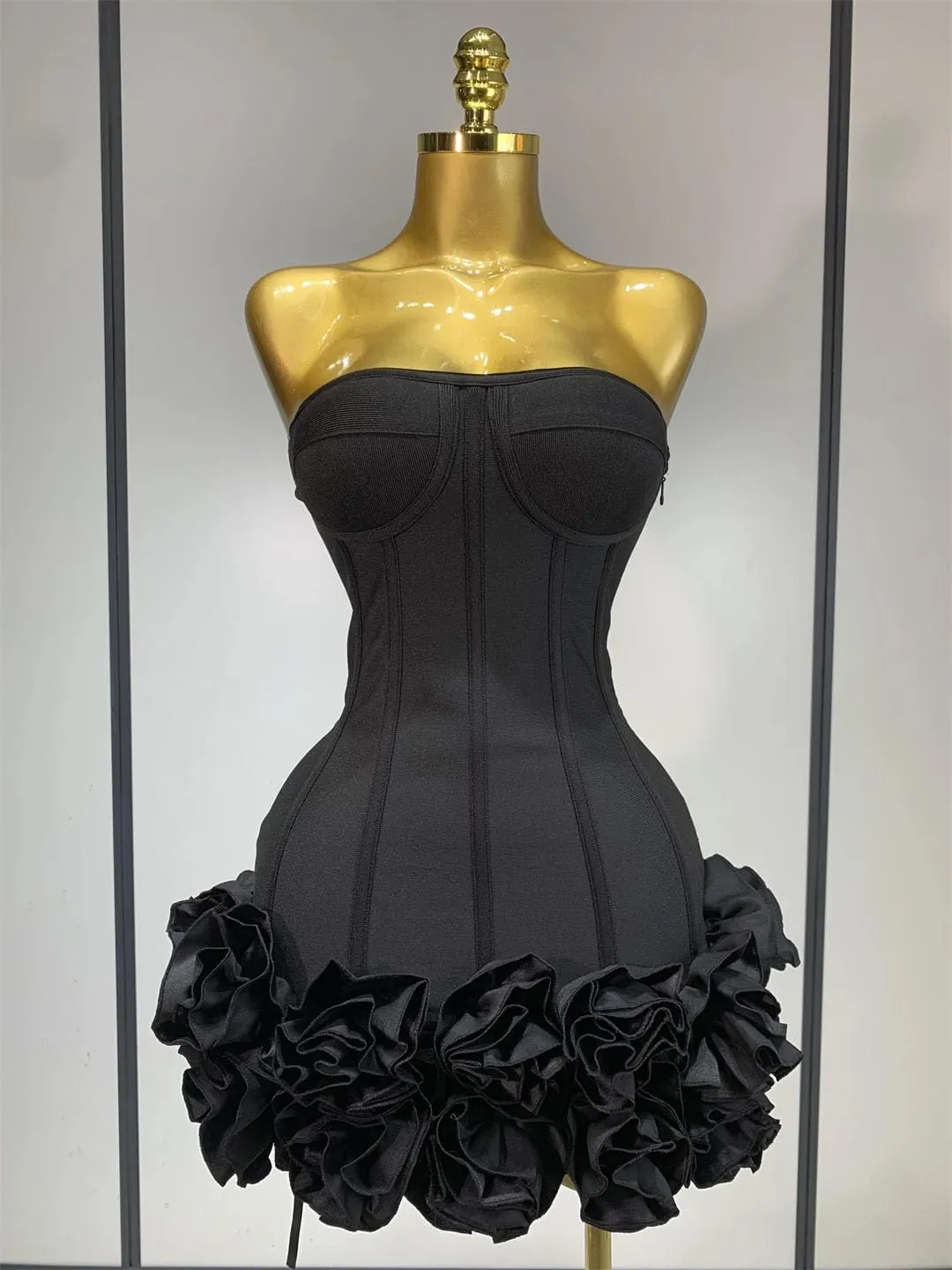 Women Evening Bandage Dress Strapless Bodycon Flowers Mini Celebrity Sexy Birthday Party Dresses
