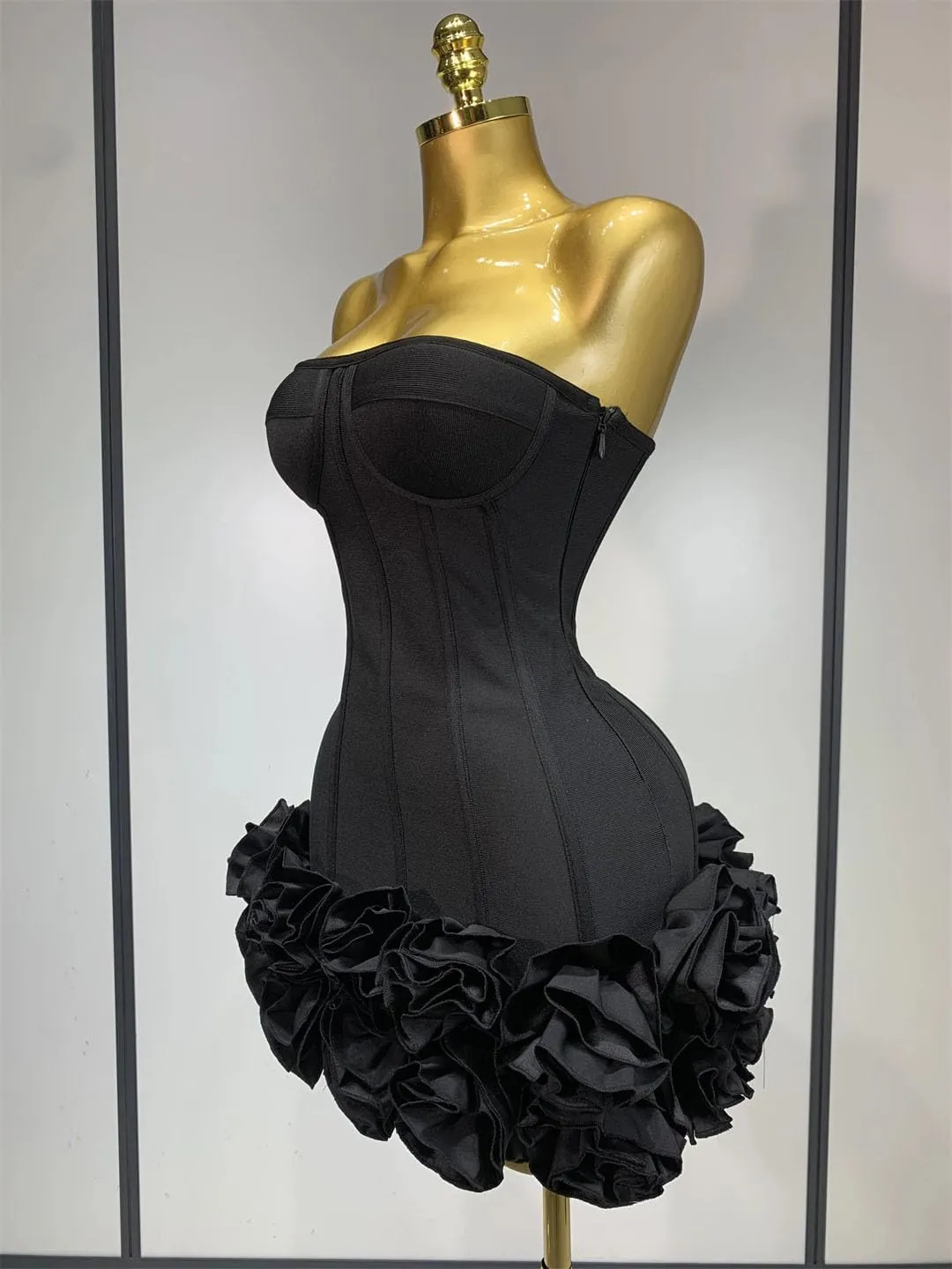 Women Evening Bandage Dress Strapless Bodycon Flowers Mini Celebrity Sexy Birthday Party Dresses