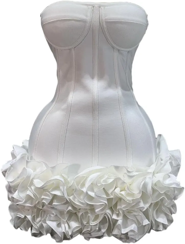 Women Evening Bandage Dress Strapless Bodycon Flowers Mini Celebrity Sexy Birthday Party Dresses