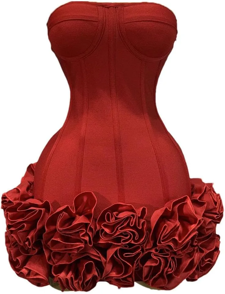 Women Evening Bandage Dress Strapless Bodycon Flowers Mini Celebrity Sexy Birthday Party Dresses